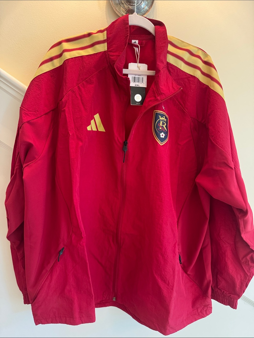 adidas Red Track Jacket with Gold Stripes and RSL Crest